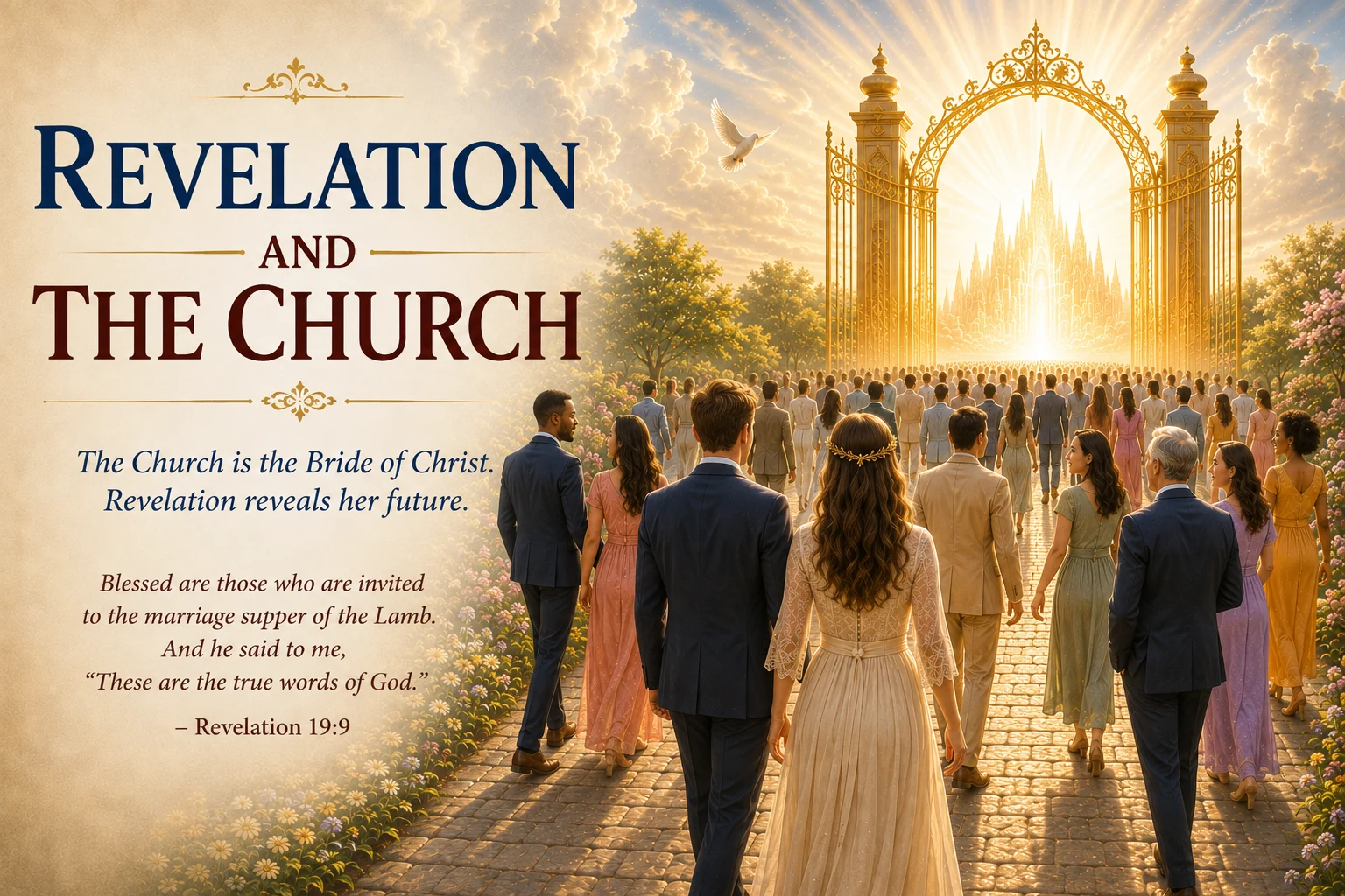Revelation and the Church graphic showing believers approaching radiant heavenly gates