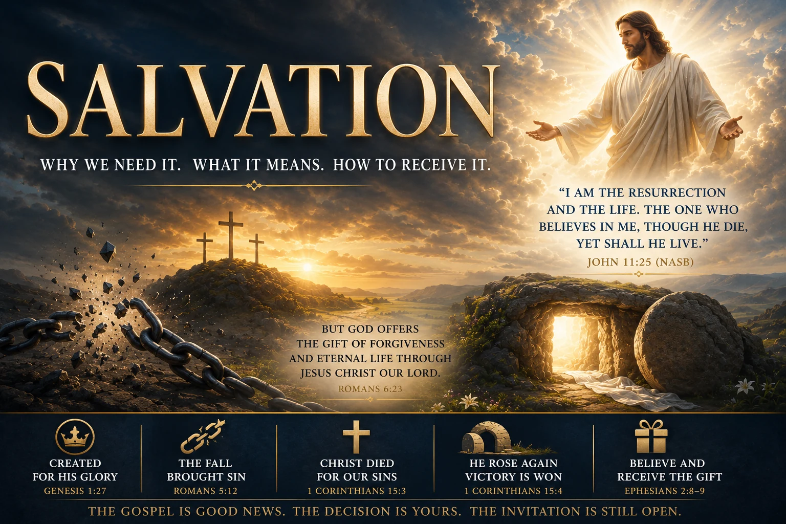 Salvation graphic with Jesus Christ, the empty tomb, crosses, and broken chains