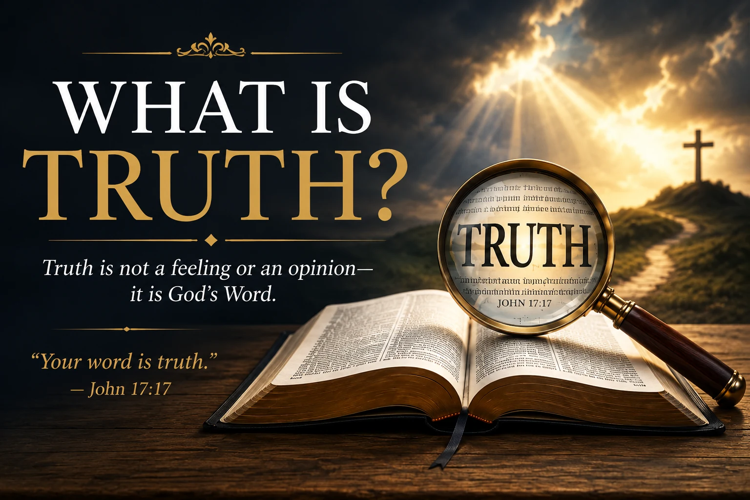 Open Bible, magnifying glass, and a cross under rays of light